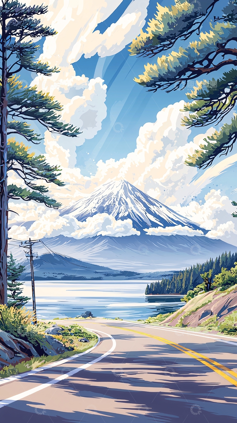 高清大图下载【趣麦麦图】雪山湖畔蜿蜒公路