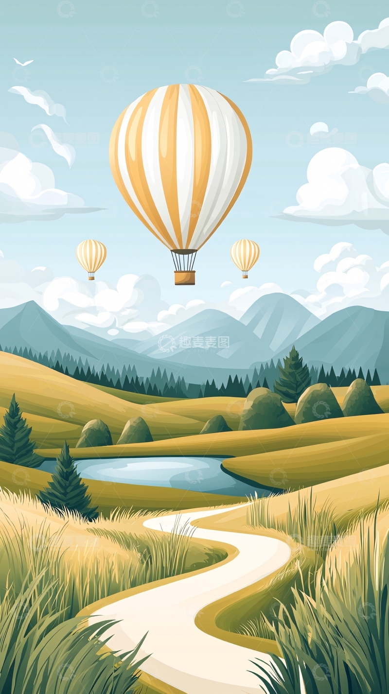 高清大图下载【趣麦麦图】热气球与自然风光