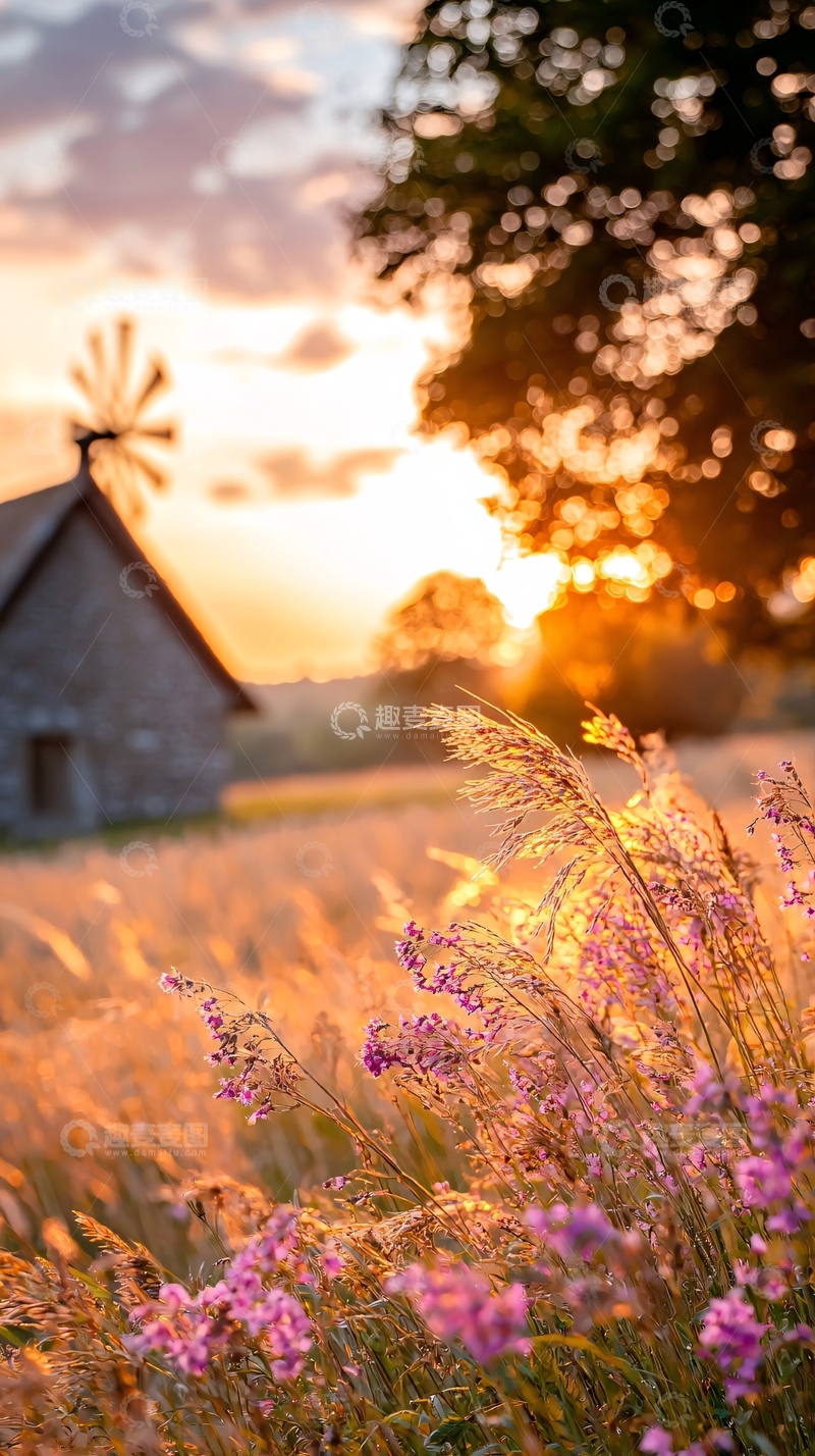 高清大图下载【趣麦麦图】夕阳下的田野与风车