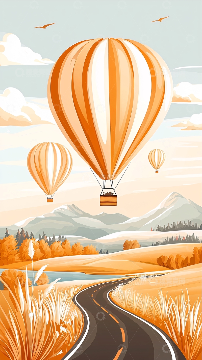 高清大图下载【趣麦麦图】秋日热气球飞行风景图