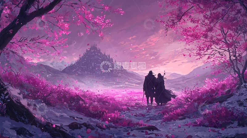 高清大图下载【趣麦麦图】梦幻樱花城堡下的旅人