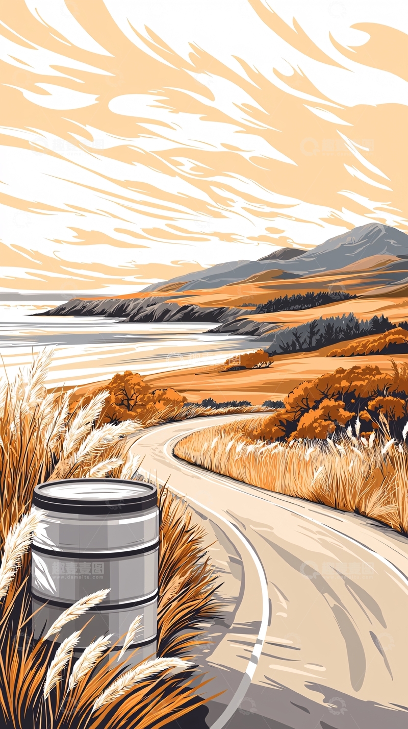 高清大图下载【趣麦麦图】秋日海边小路与风车