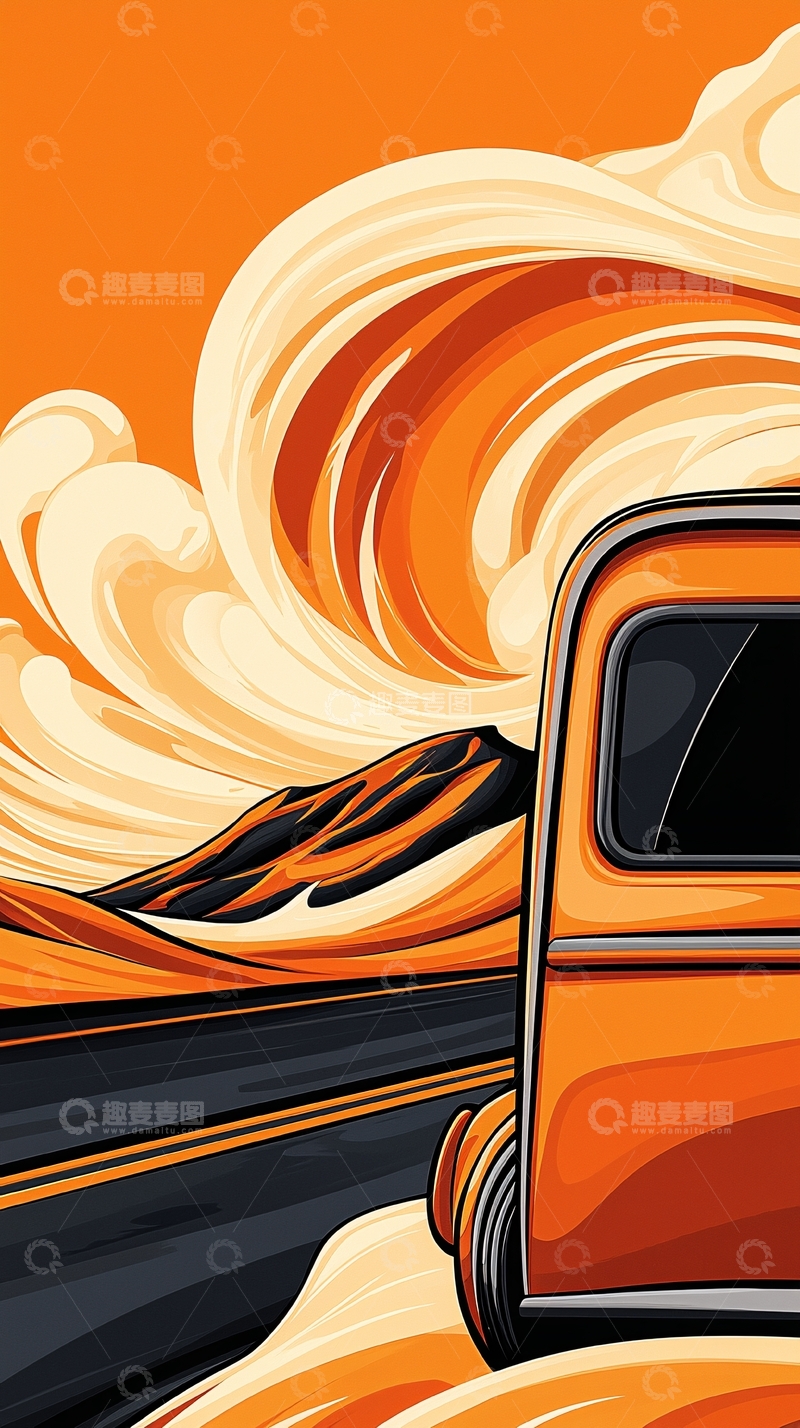 高清大图下载【趣麦麦图】橙色复古车与沙漠风景