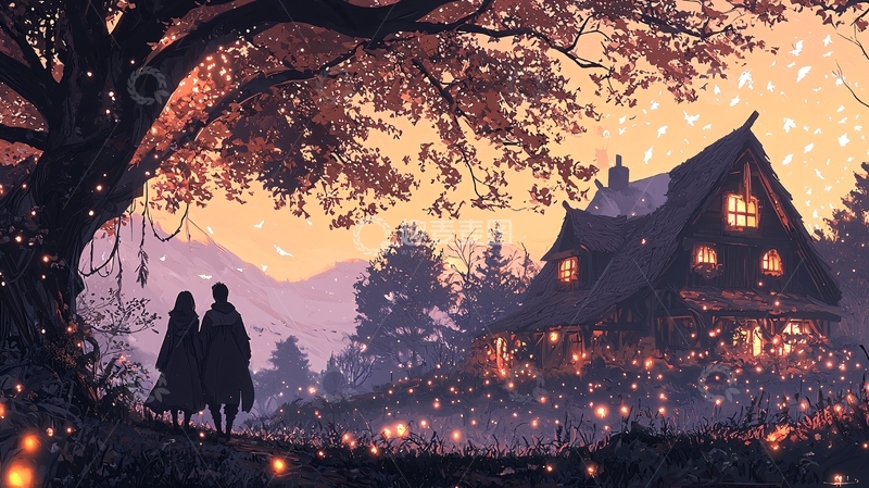 高清大图下载【趣麦麦图】秋夜森林中的温馨小屋