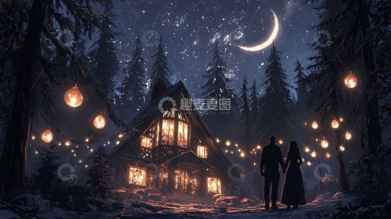 高清大图下载【趣麦麦图】冬夜森林中的温馨小屋