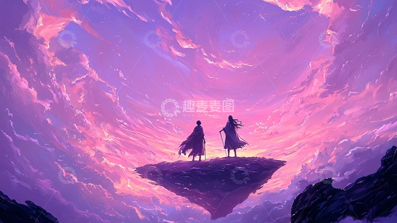 高清大图下载【趣麦麦图】梦幻天空下的二人剪影