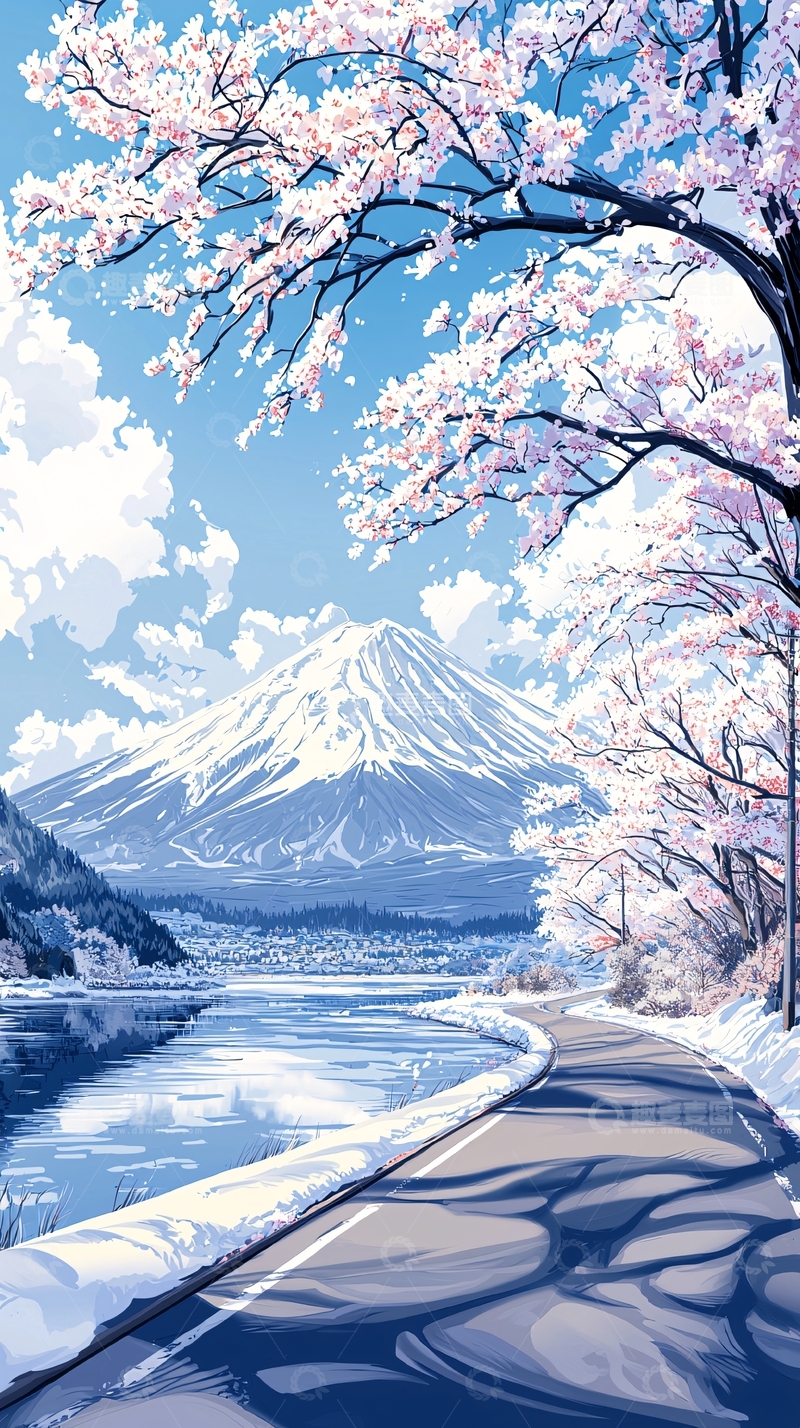 高清大图下载【趣麦麦图】樱花盛开的冬日山景