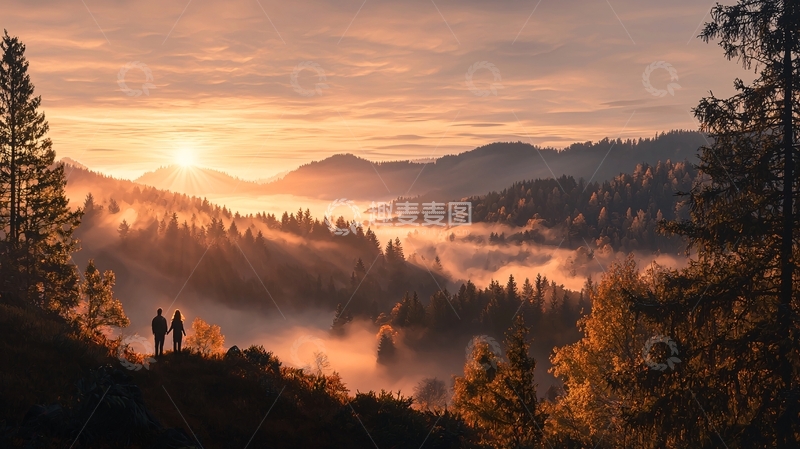高清大图下载【趣麦麦图】晨雾中的山间情侣