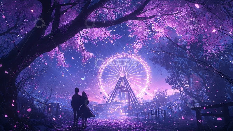 高清大图下载【趣麦麦图】紫色梦幻森林下的摩天轮