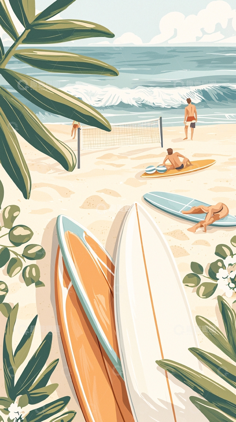高清大图下载【趣麦麦图】海滩冲浪与沙滩排球