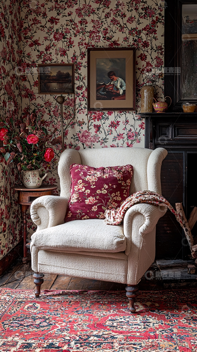 高清大图下载【趣麦麦图】复古花卉墙纸与舒适沙发的温馨角落