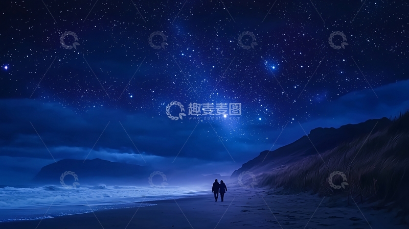 高清大图下载【趣麦麦图】夜空下的海滩情侣漫步