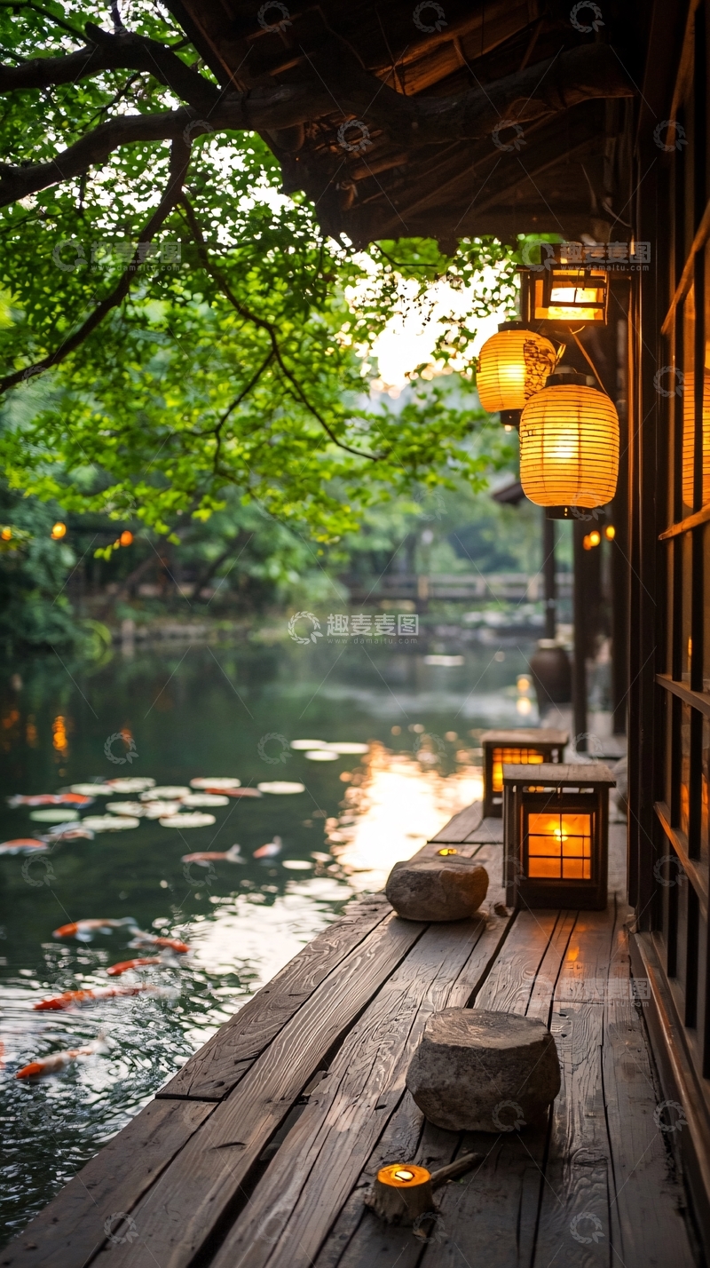高清大图下载【趣麦麦图】日式庭院垂钓灯光影