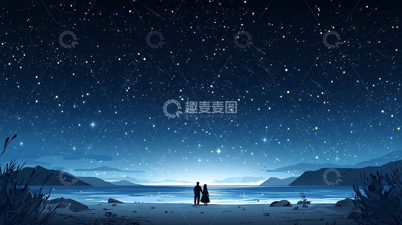 高清大图下载【趣麦麦图】海边夜空下的浪漫情侣
