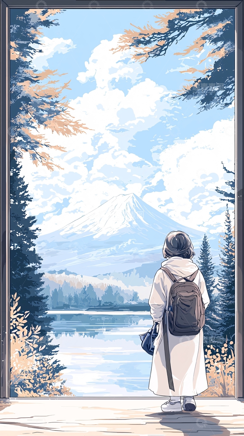 高清大图下载【趣麦麦图】秋日登山旅人风景图