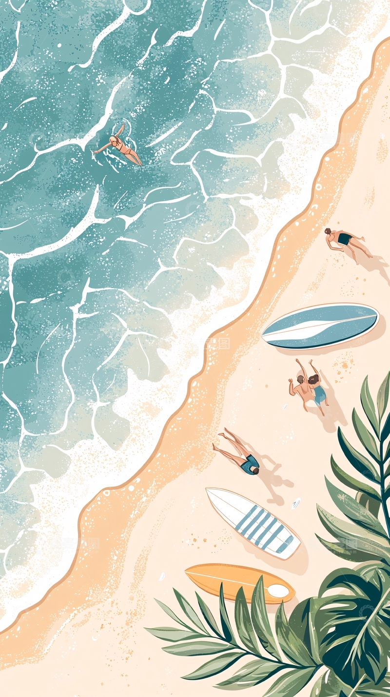 高清大图下载【趣麦麦图】海滩冲浪与放松场景插画