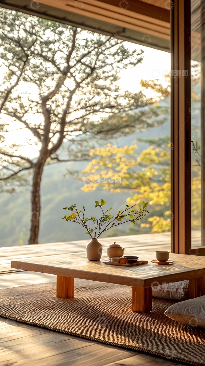 高清大图下载【趣麦麦图】日式茶室窗外自然风景