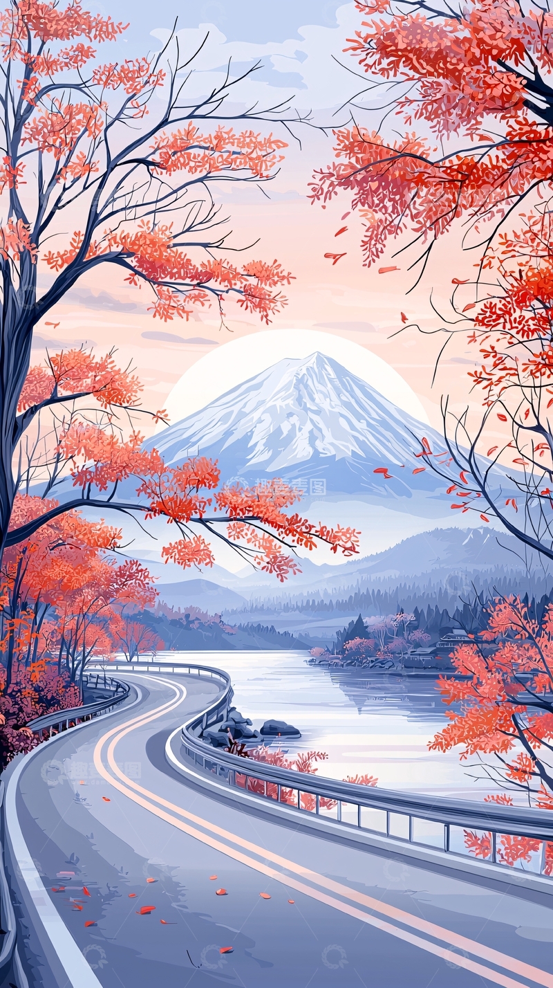 高清大图下载【趣麦麦图】秋日富士山下的湖畔公路