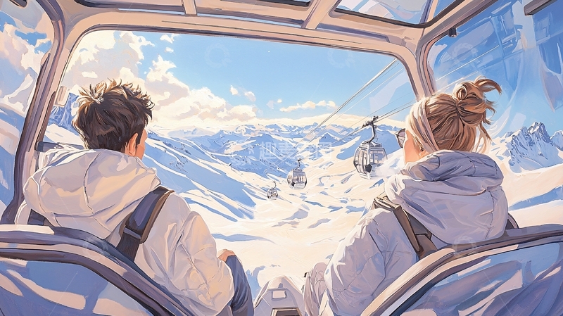 高清大图下载【趣麦麦图】缆车上的情侣雪山美景