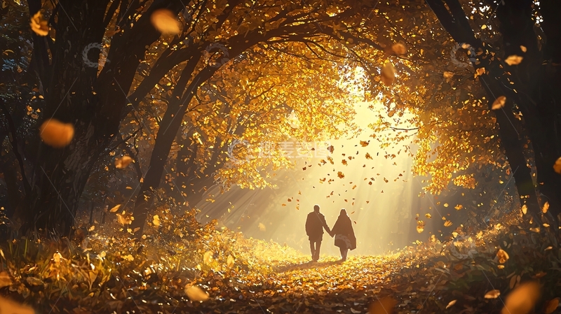 高清大图下载【趣麦麦图】秋日森林中的浪漫情侣