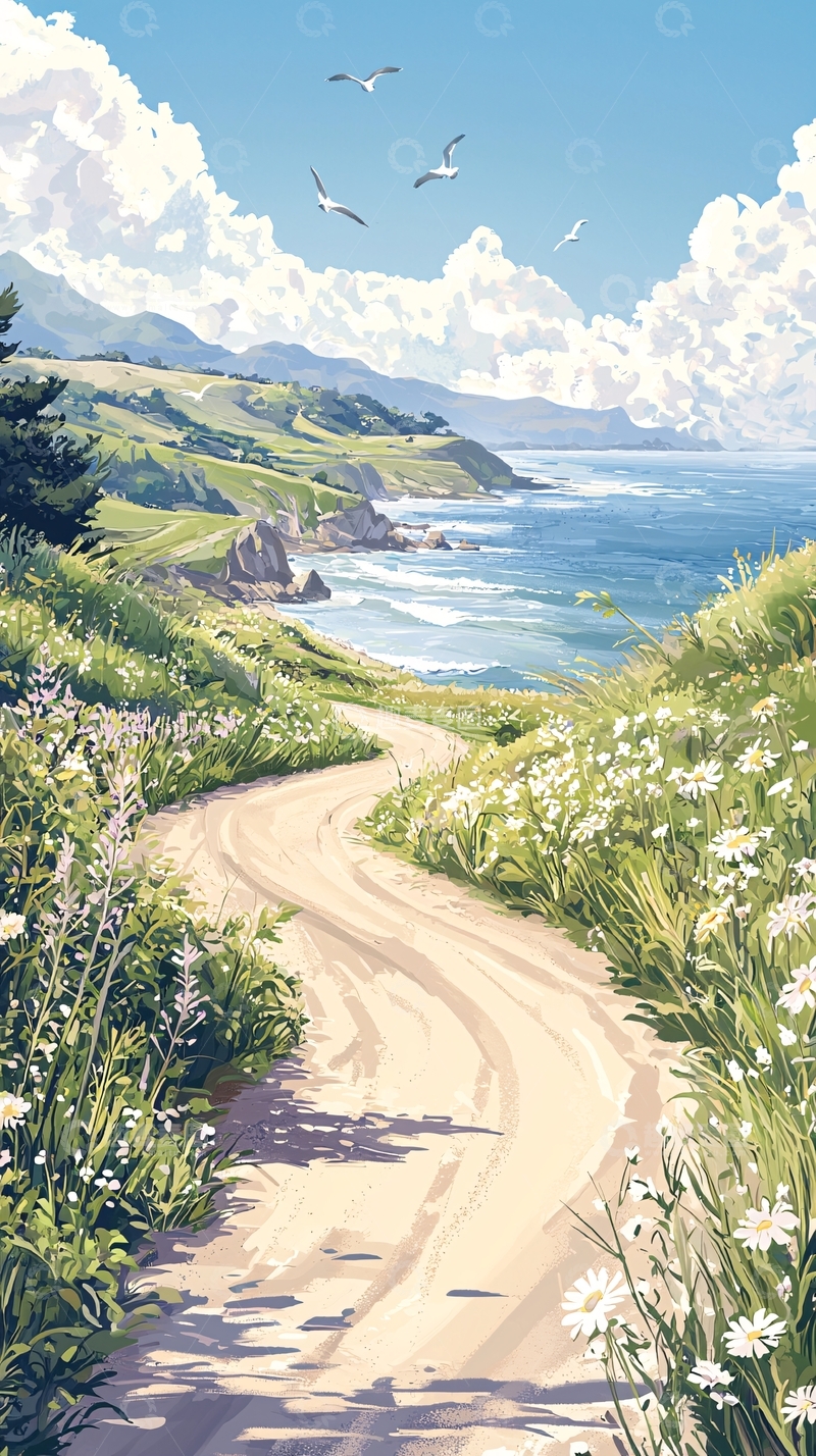 高清大图下载【趣麦麦图】海边小路与野花