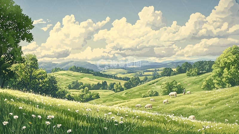 高清大图下载【趣麦麦图】绿色田野上的羊群与蓝天白云