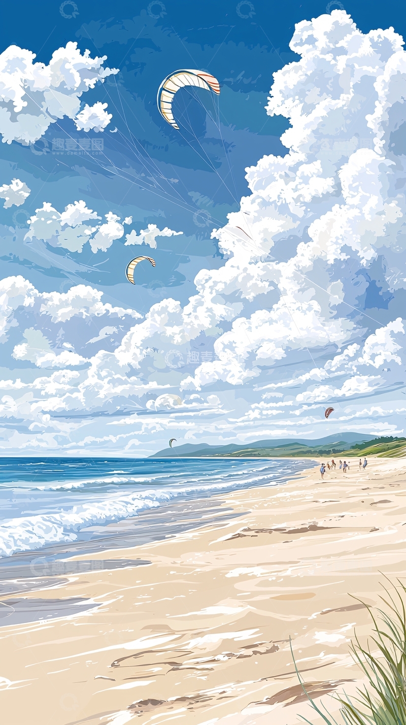 高清大图下载【趣麦麦图】海滩风筝冲浪风景