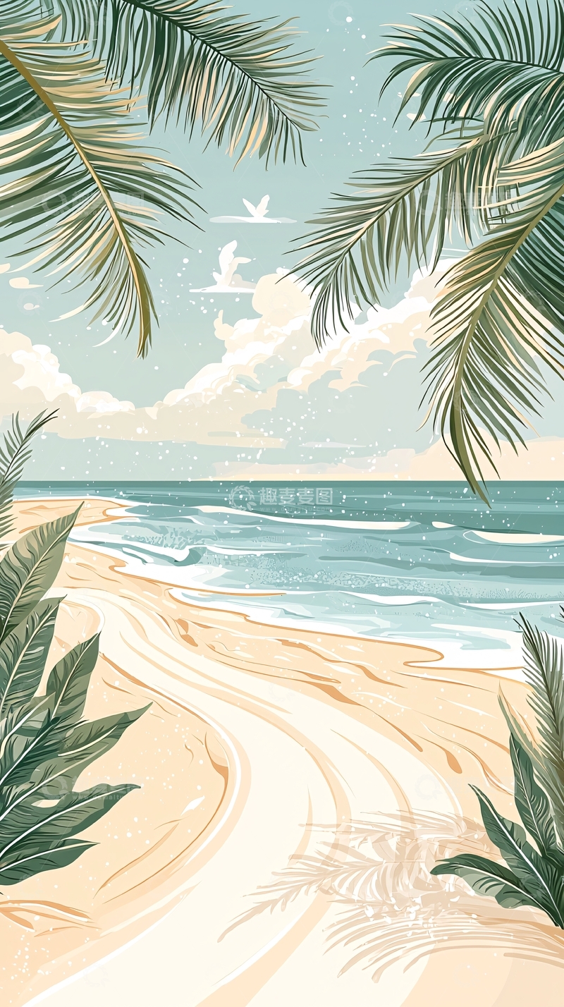 高清大图下载【趣麦麦图】热带海滩风景插画