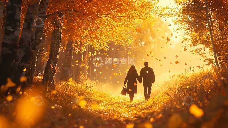 高清大图下载【趣麦麦图】秋日森林中的浪漫情侣