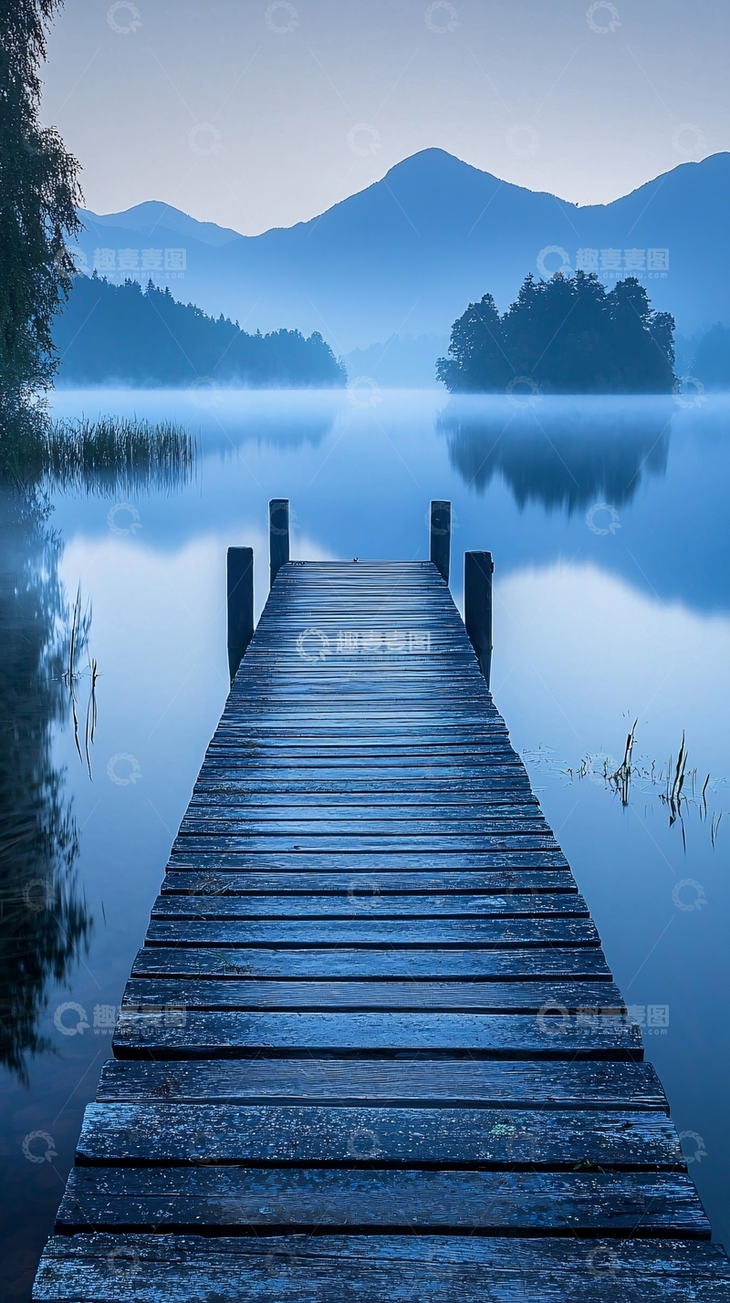 高清大图下载【趣麦麦图】晨雾中的木桥与湖面