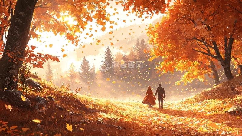 高清大图下载【趣麦麦图】秋日森林漫步情侣