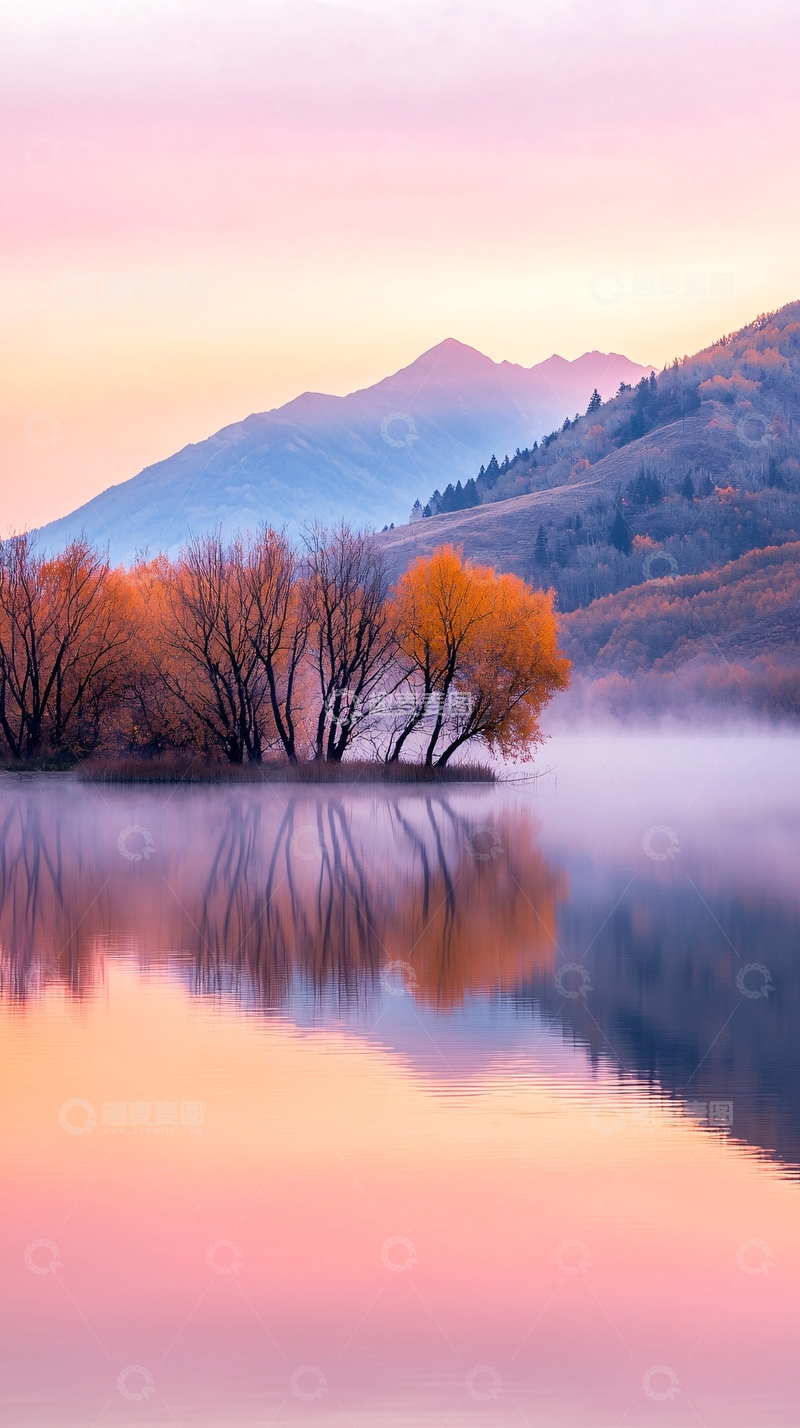 高清大图下载【趣麦麦图】秋日晨雾湖畔静谧风景