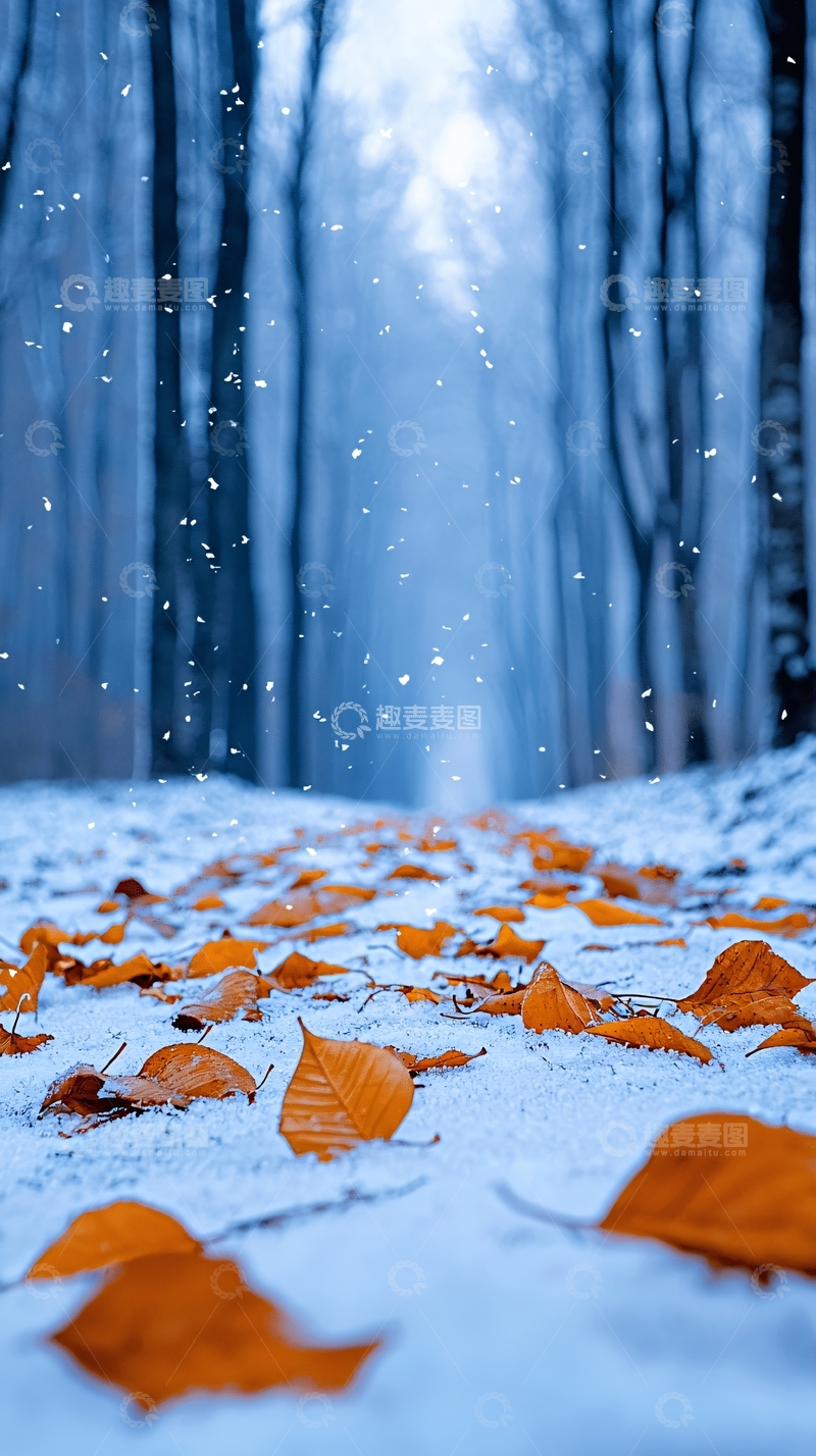 高清大图下载【趣麦麦图】冬日森林雪地落叶