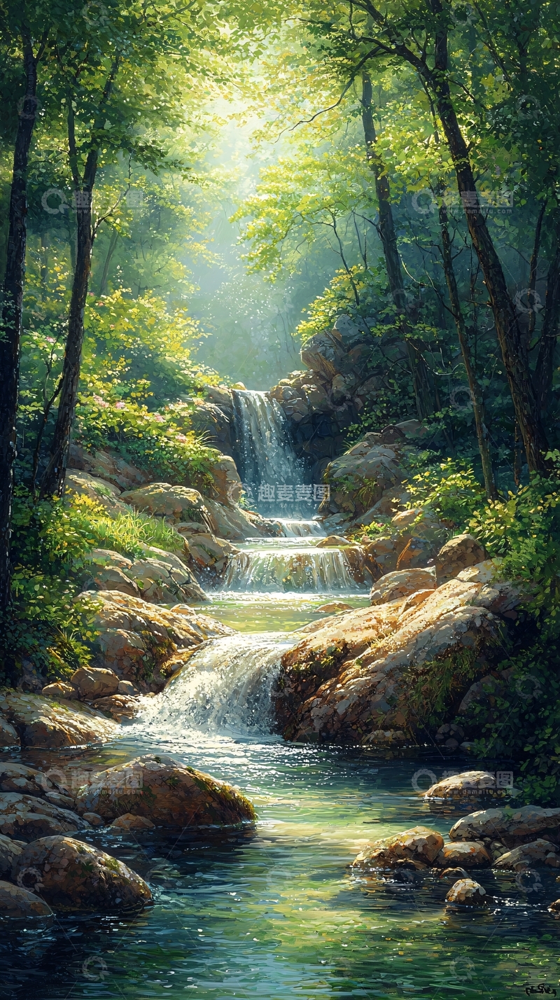 高清大图下载【趣麦麦图】森林中的瀑布溪流