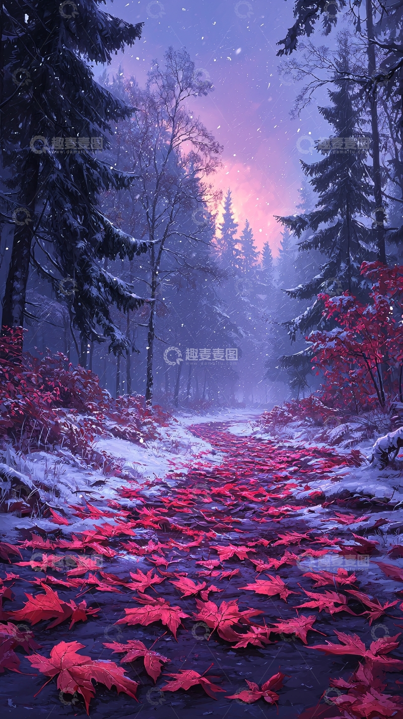 高清大图下载【趣麦麦图】冬夜森林雪地红叶