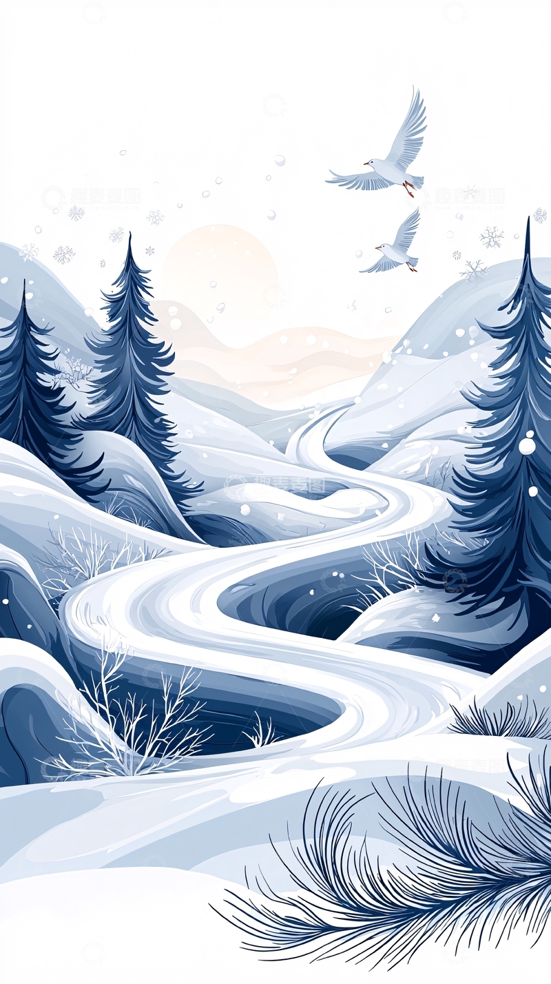 高清大图下载【趣麦麦图】冬日雪景小路与松树