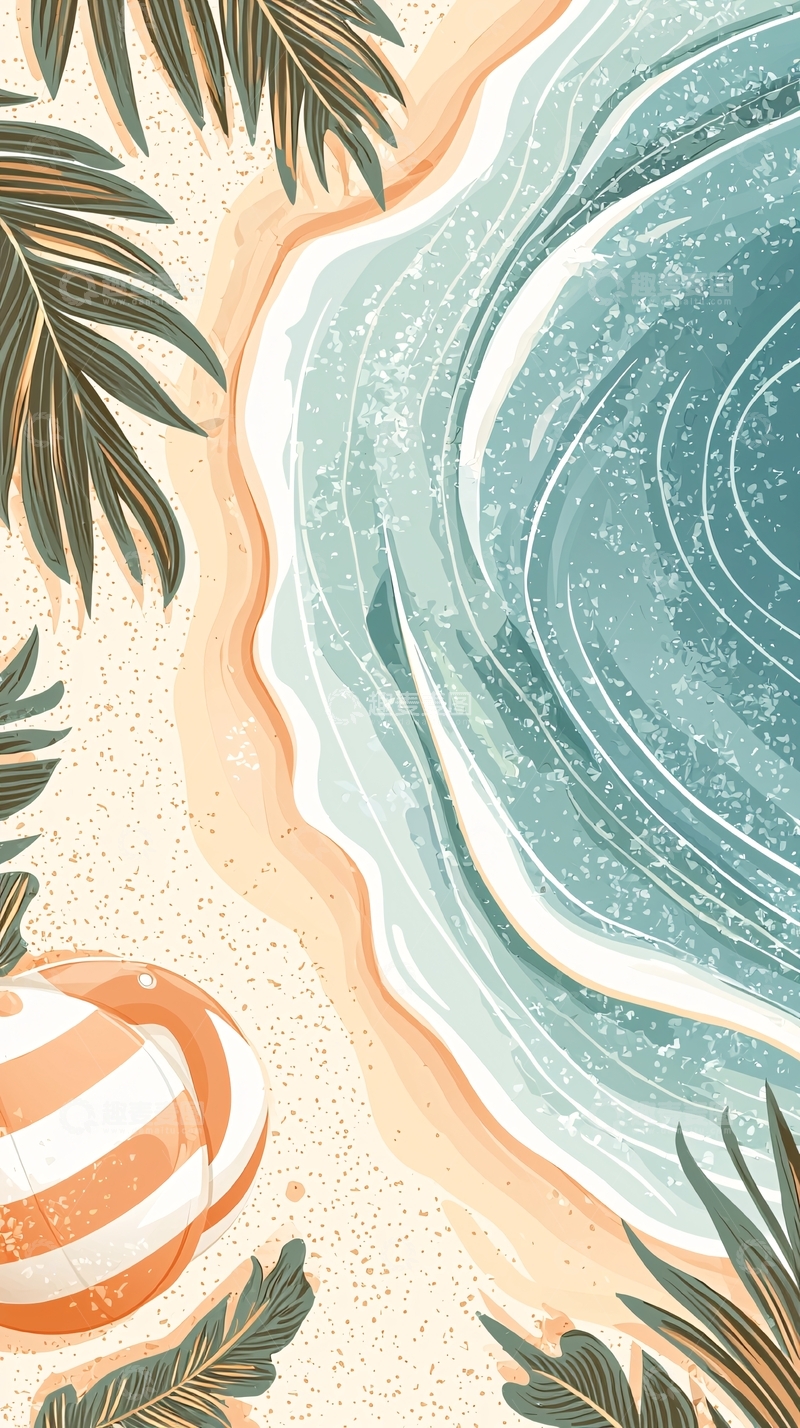 高清大图下载【趣麦麦图】海滩上的棕榈树和冲浪球