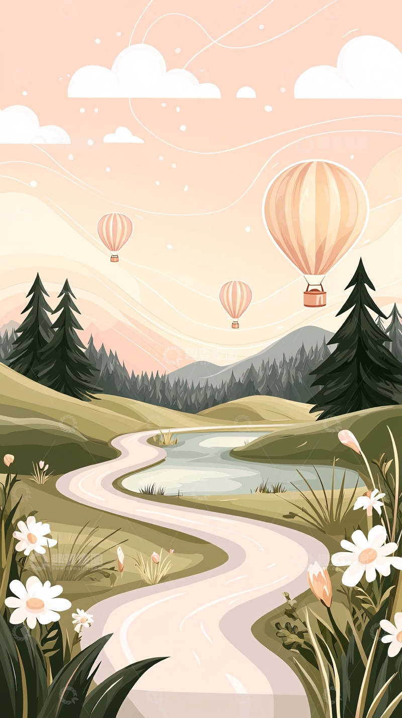 高清大图下载【趣麦麦图】热气球与自然风光