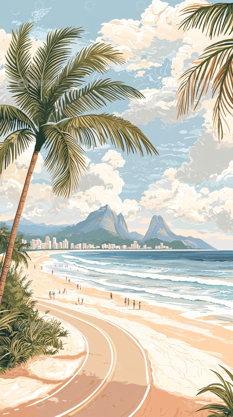 高清大图下载【趣麦麦图】海滩椰树与山脉风景