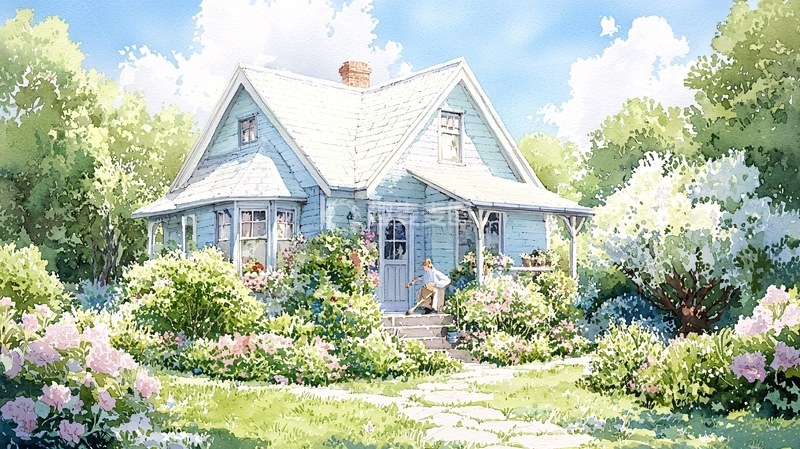 高清大图下载【趣麦麦图】乡村花园中的蓝色小屋