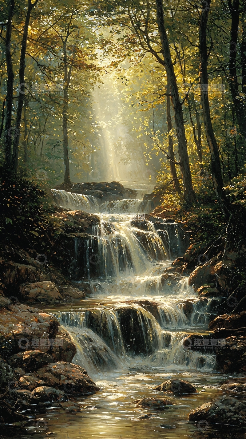 高清大图下载【趣麦麦图】森林中的瀑布阳光照射