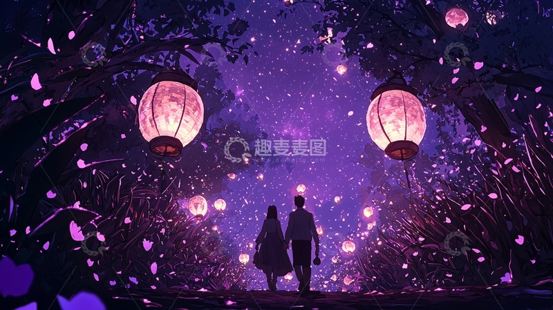 高清大图下载【趣麦麦图】紫色梦幻森林下的浪漫情侣