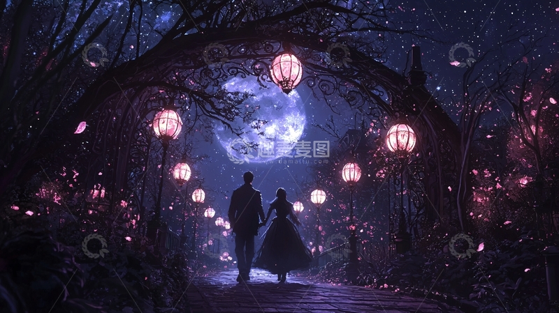 高清大图下载【趣麦麦图】浪漫夜晚情侣手牵手