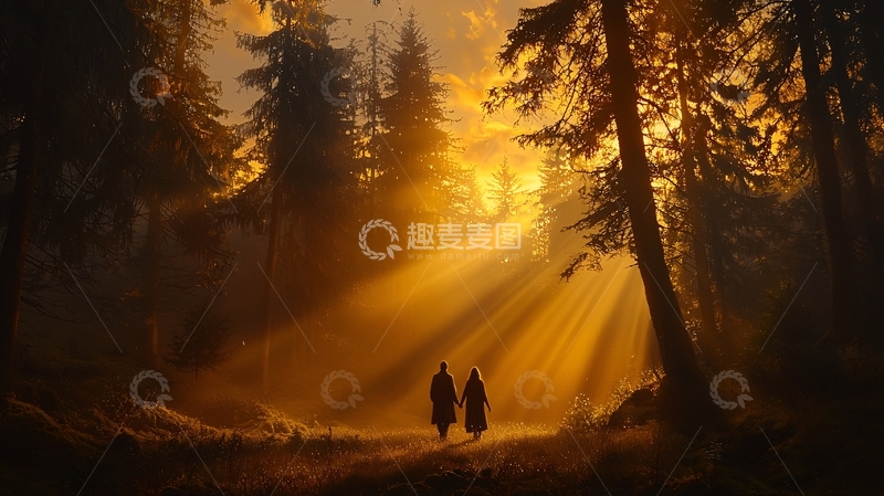 高清大图下载【趣麦麦图】森林中的夕阳恋人