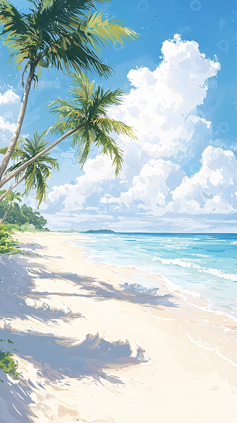 高清大图下载【趣麦麦图】热带海滩椰树风景画