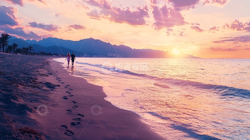 高清大图下载【趣麦麦图】夕阳海滩情侣漫步