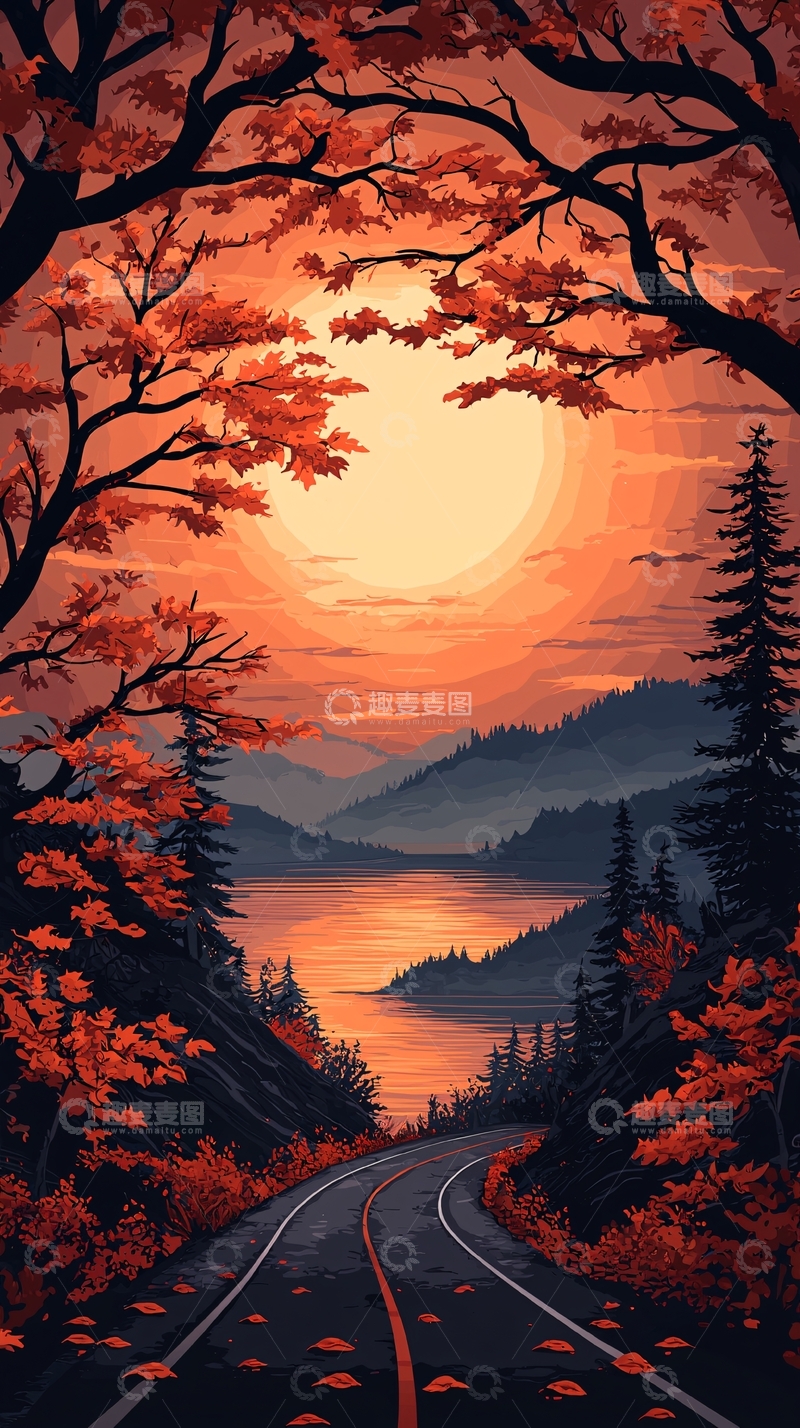 高清大图下载【趣麦麦图】秋日湖畔夕阳下的蜿蜒小路