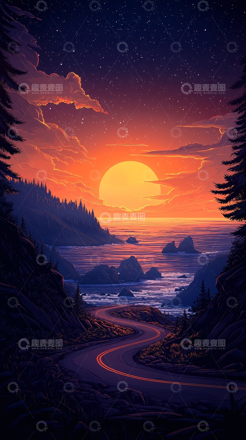 高清大图下载【趣麦麦图】夕阳下的海岸公路