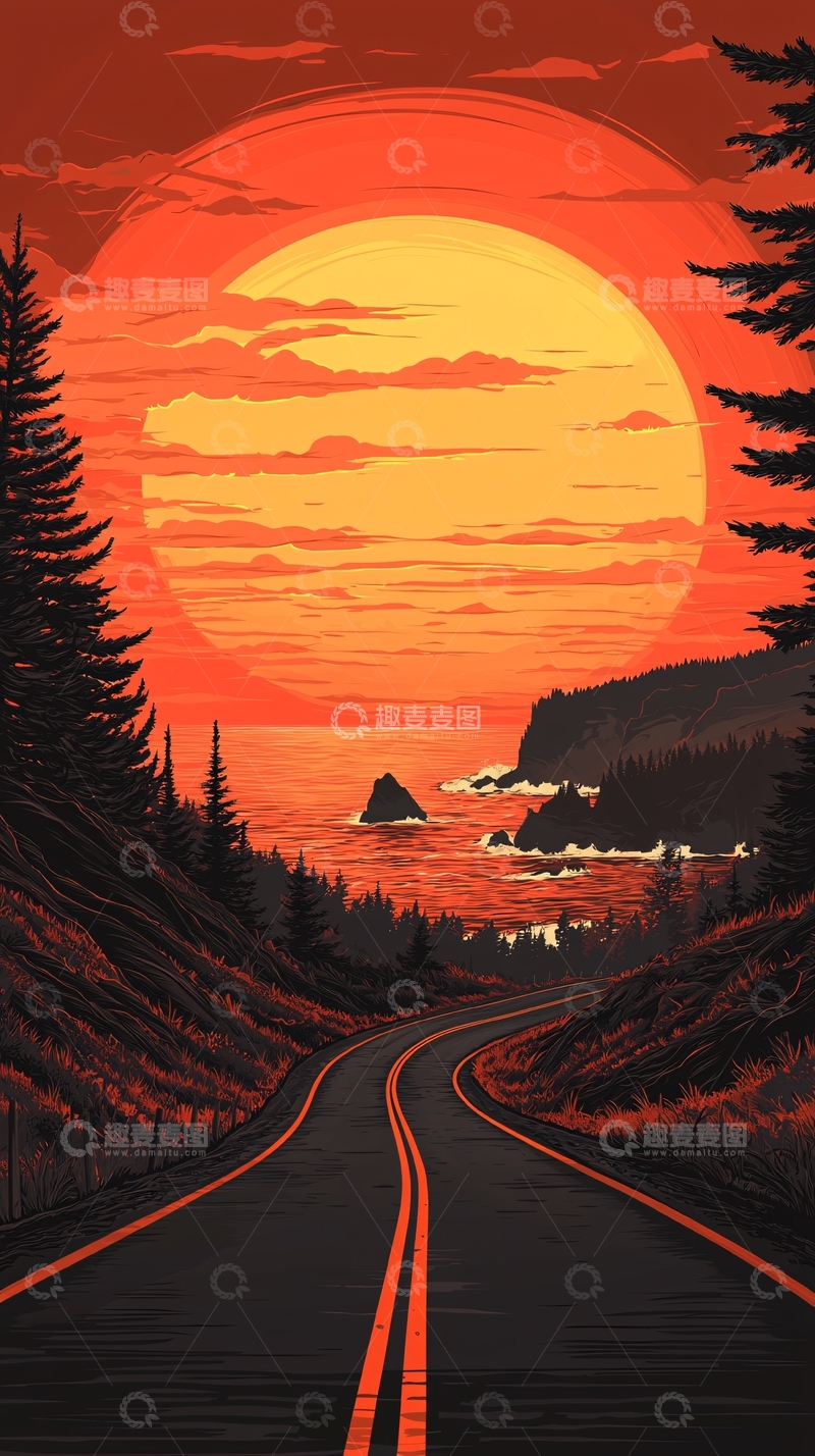 高清大图下载【趣麦麦图】夕阳下的海边公路