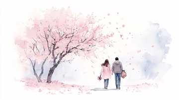 樱花树下散步的情侣